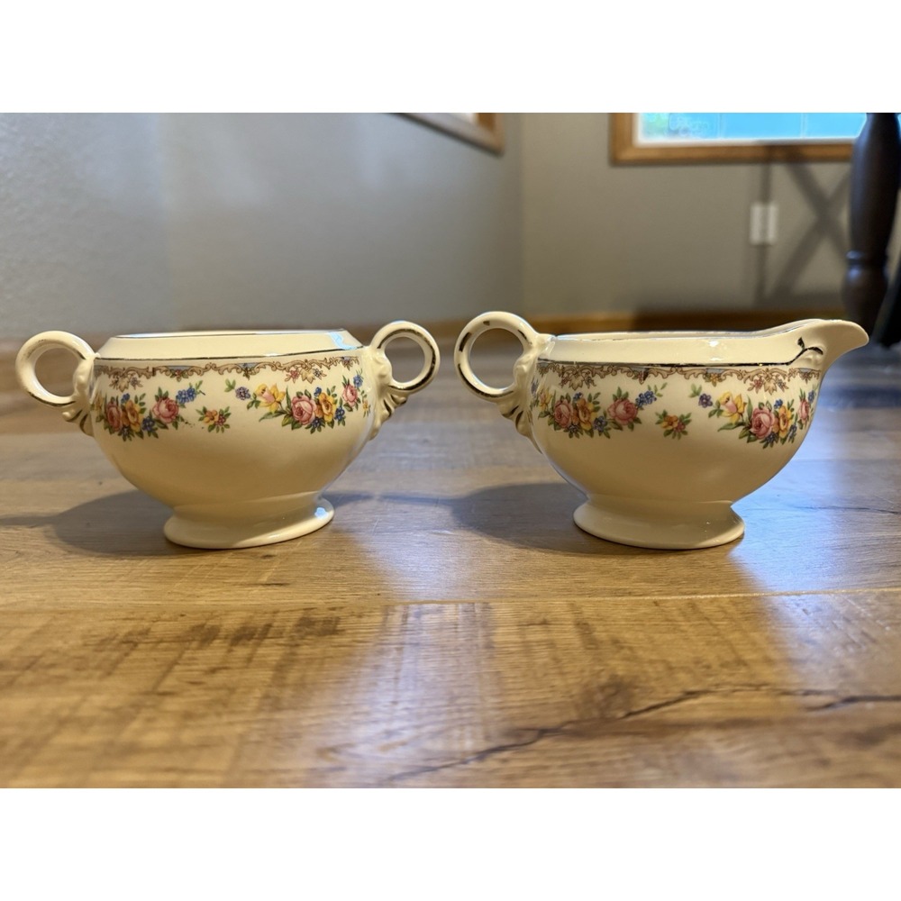 Vintage Crown Potteries Co Garland Cream and Sugar Set Floral 1950 Made In USA